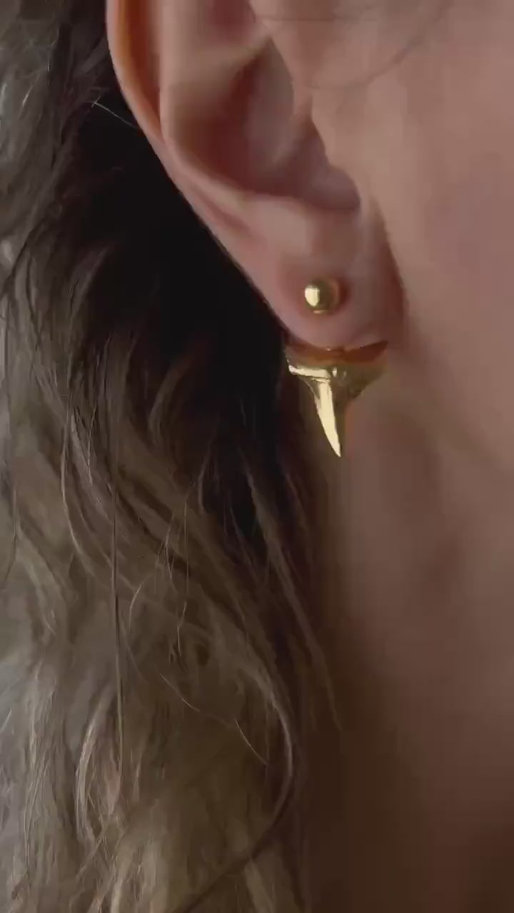 Sterling Silver Shark Tooth Ear Jacket Stud Earrings
