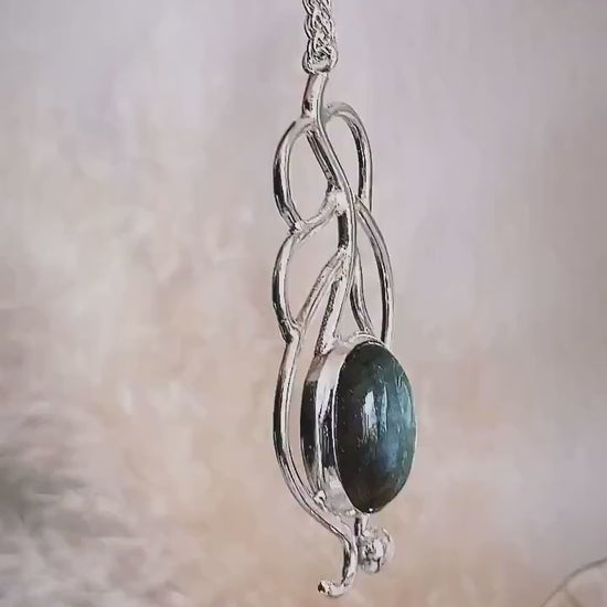 Silver Labradorite Pendant: Handmade Peacock Feather Necklace