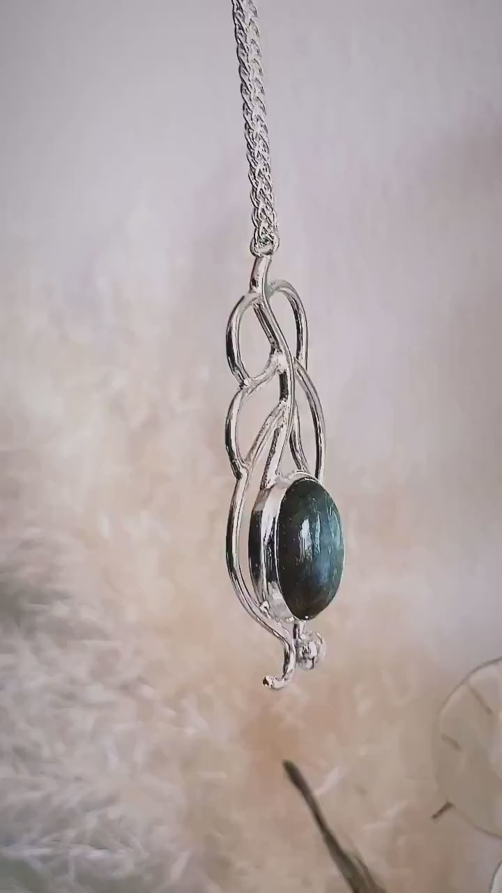 Silver Labradorite Pendant: Handmade Peacock Feather Necklace