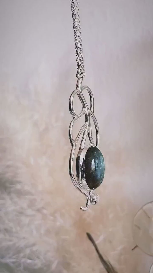 Silver Labradorite Pendant: Handmade Peacock Feather Necklace