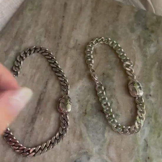 Solid Sterling Silver Chain bracelet with scarab and hieroglyphic