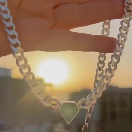 Solid silver Chain necklace diamond shape stone :aquamarine and morganite