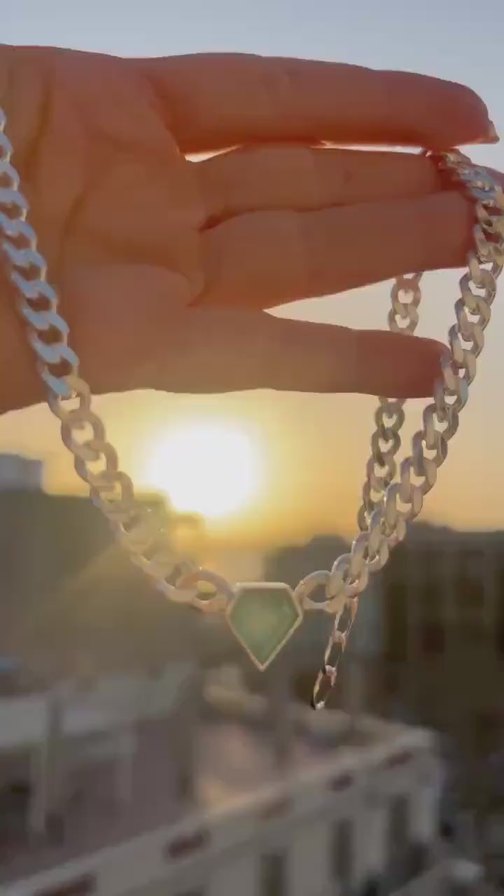 Solid silver Chain necklace diamond shape stone :aquamarine and morganite