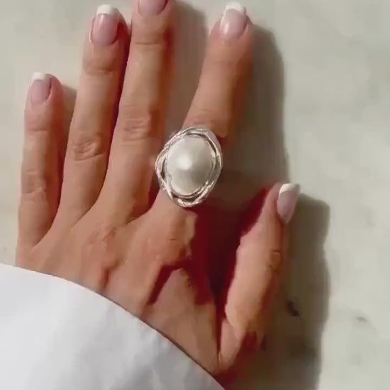 Pearl Sterling Silver Ring: Handmade Statement cocktail halo ring