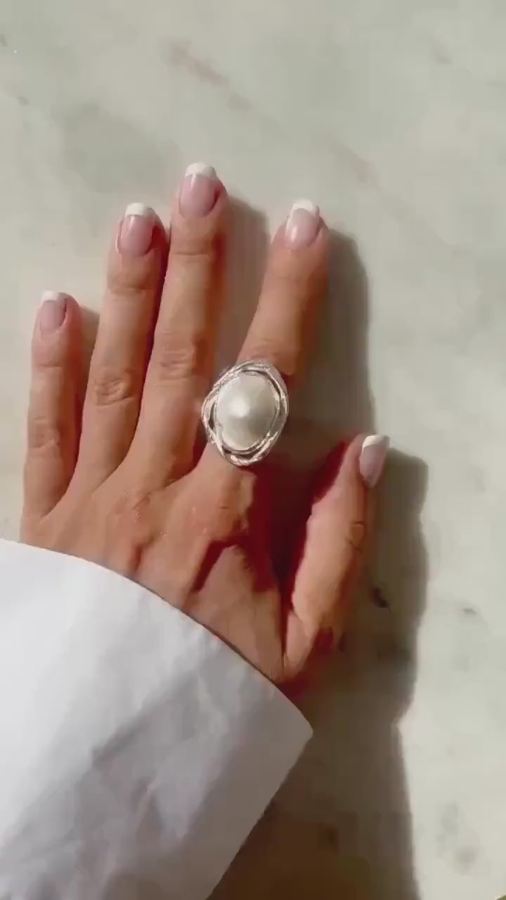 Pearl Sterling Silver Ring: Handmade Statement cocktail halo ring