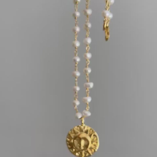 Pearl Rosary with gold sun charm necklace:18k gold filled on sterling silver 925