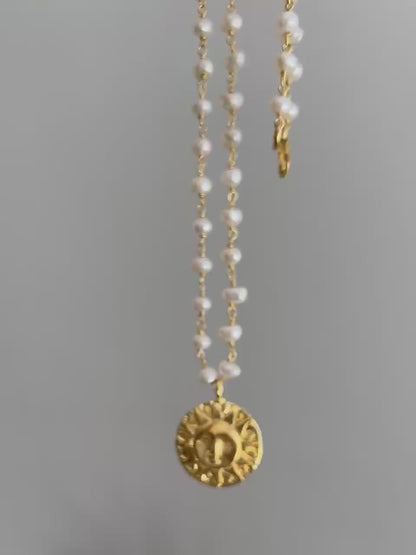 Pearl Rosary with gold sun charm necklace:18k gold filled on sterling silver 925