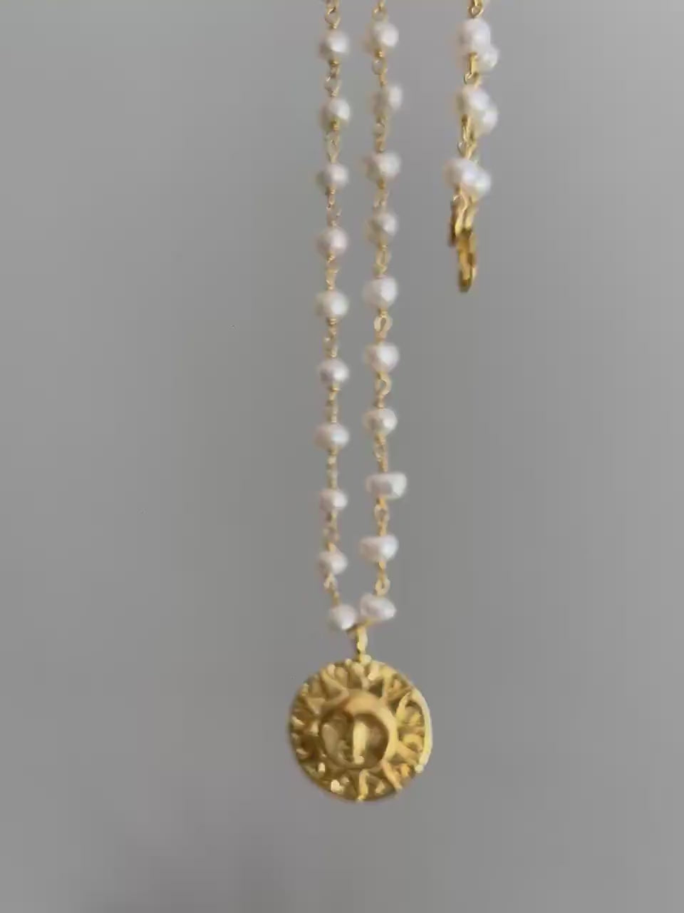 Pearl Rosary with gold sun charm necklace:18k gold filled on sterling silver 925