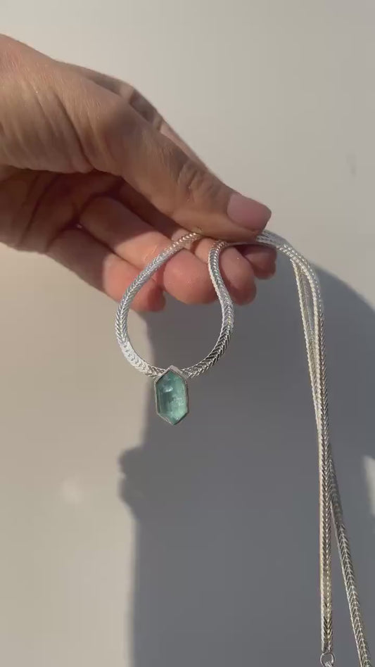 Aquamarine Pendant Necklace: Sterling Silver Herringbone Chain