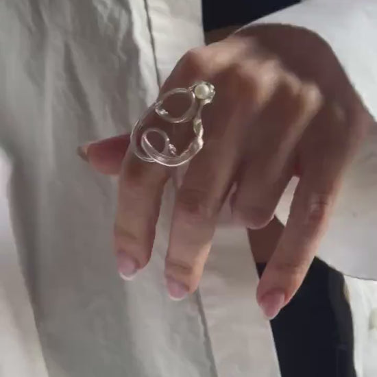 Sculptural Sterling silver and natural fine pearls ring