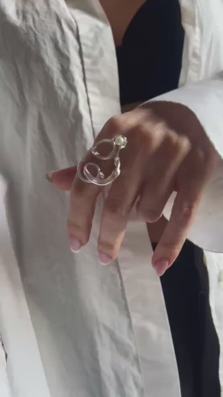 Sculptural Sterling silver and natural fine pearls ring
