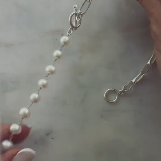Silver bracelets and necklace with pearls : solid paperclip link chain and rosary