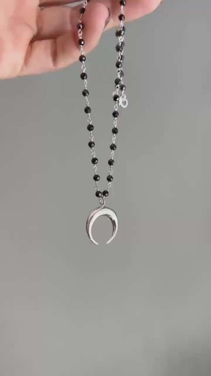 Silver Crescent Moon necklace, rosary chain moon pendant