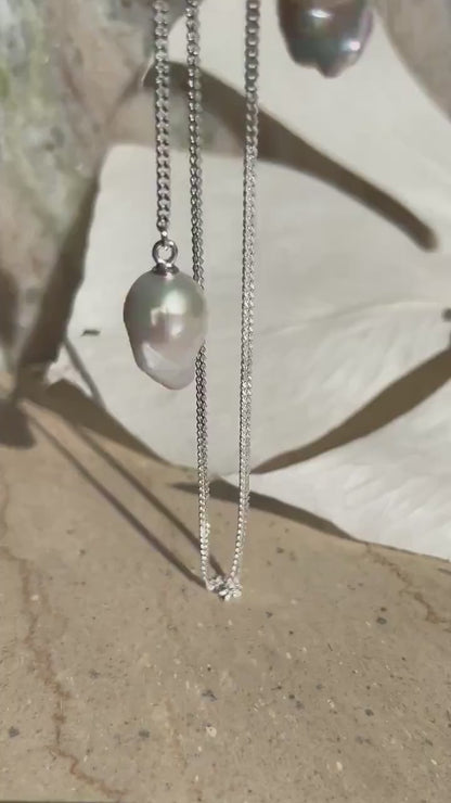Long silver lariat necklace with baroque pearls