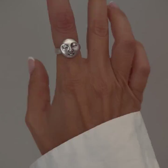 Full moon face round signet chevalier sterling solid silver 925 ring