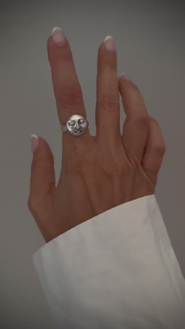 Full moon face round signet chevalier sterling solid silver 925 ring