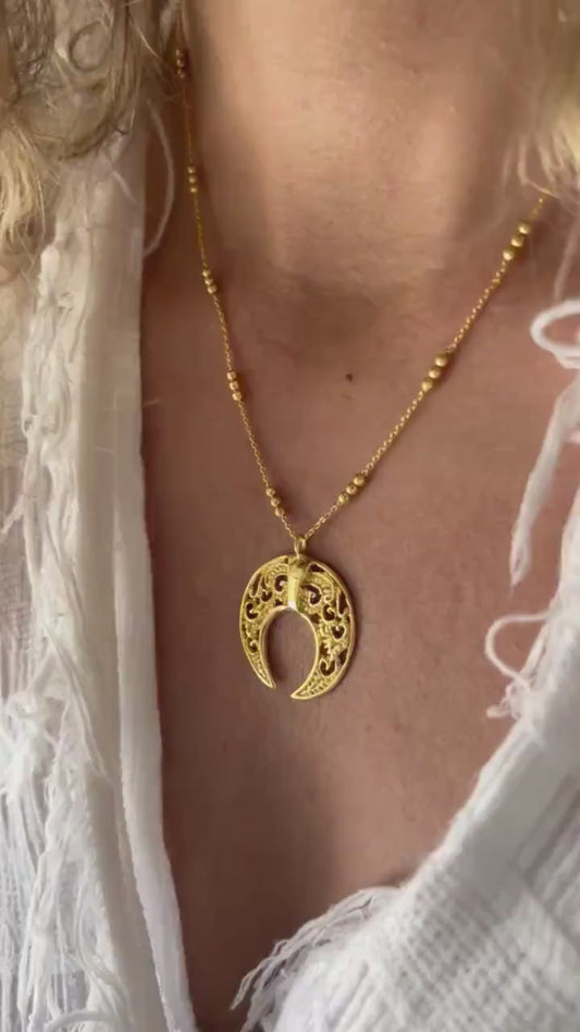 22k Gold Plated Sterling Silver Crescent Moon Pendant Necklace: Balinese Bone Carving (49cm)