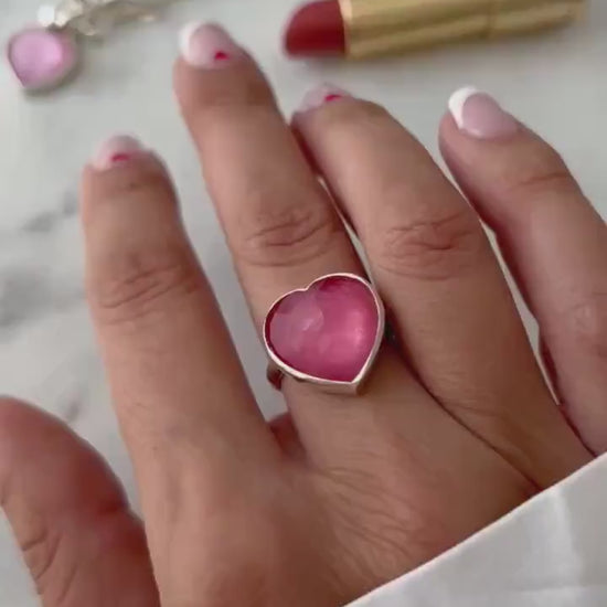 Silver 925 Heart Ring: Pink Tourmaline Quartz Doublet Statement Ring