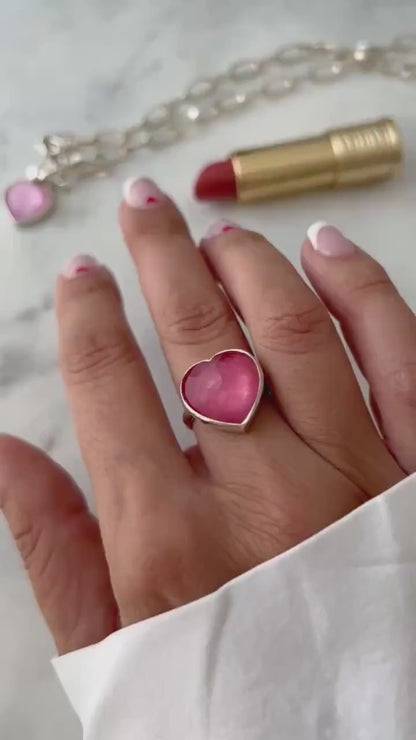 Silver 925 Heart Ring: Pink Tourmaline Quartz Doublet Statement Ring