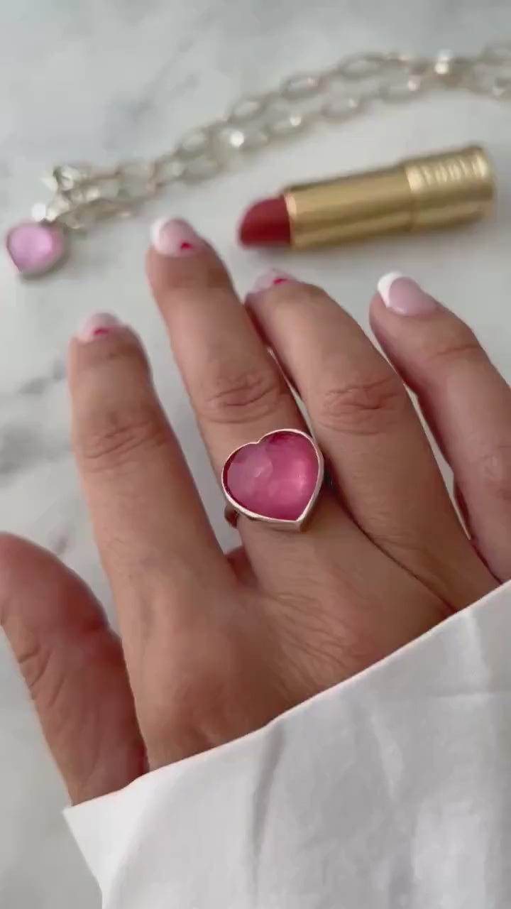 Silver 925 Heart Ring: Pink Tourmaline Quartz Doublet Statement Ring