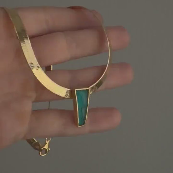 Gold Herringbone Chain Necklace: Chrysocolla Crystal Pendant, Handmade