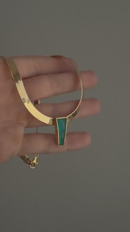 Gold Herringbone Chain Necklace: Chrysocolla Crystal Pendant, Handmade