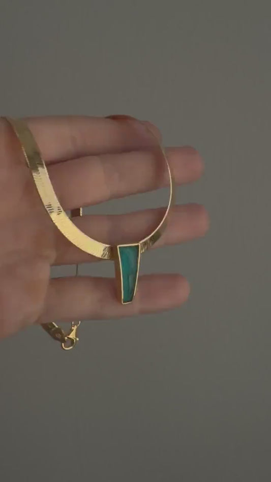 Gold Herringbone Chain Necklace: Chrysocolla Crystal Pendant, Handmade