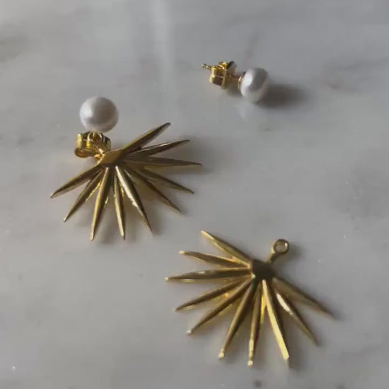 Studs pearl earrings gold filled solid silver tropical leafs ear cuffs