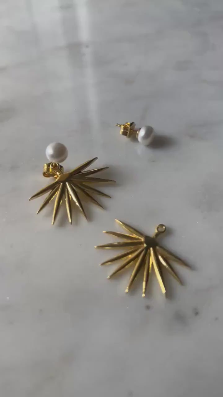 Studs pearl earrings gold filled solid silver tropical leafs ear cuffs