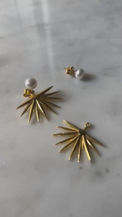 Studs pearl earrings gold filled solid silver tropical leafs ear cuffs