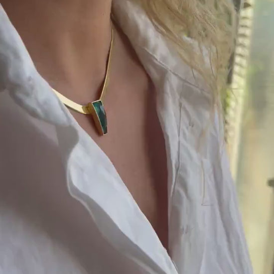 18k Gold filled Herringbone Chain Necklace: Chrysocolla Crystal Pendant, Handmade