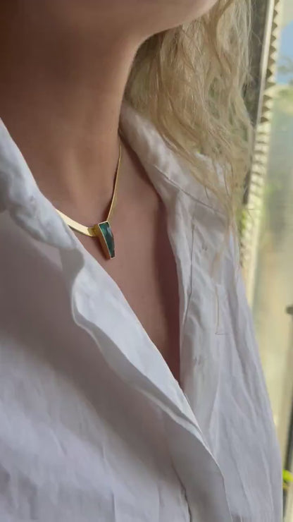 18k Gold filled Herringbone Chain Necklace: Chrysocolla Crystal Pendant, Handmade