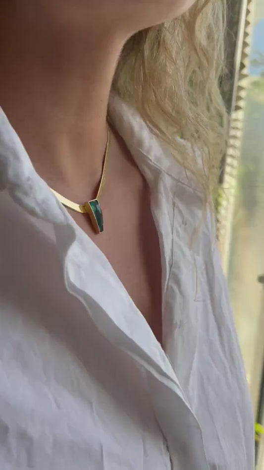 18k Gold filled Herringbone Chain Necklace: Chrysocolla Crystal Pendant, Handmade