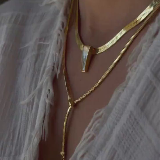 18k Gold Filled Sterling Silver Herringbone Necklace with Mother of Pearl Pendant