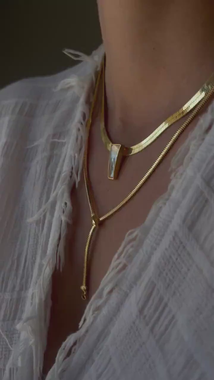 18k Gold Filled Sterling Silver Herringbone Necklace with Mother of Pearl Pendant